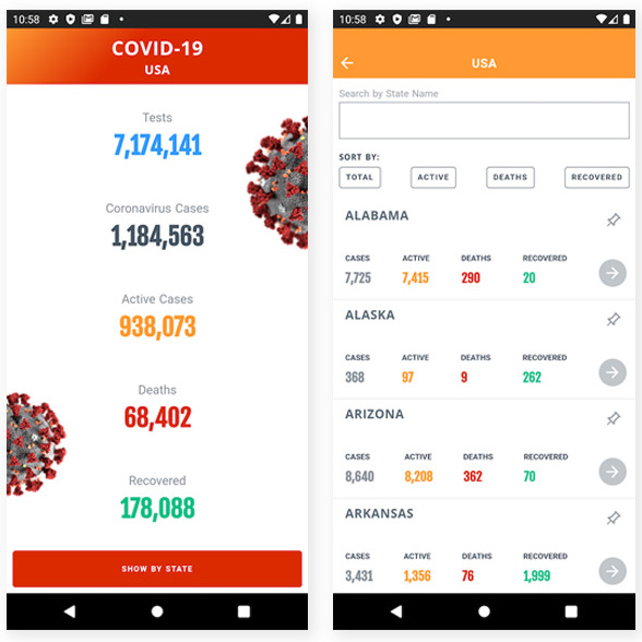 COVID-19 statistics by day and state in the USA: Android and iOS App.